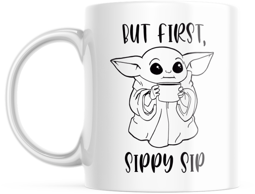 Starwars Baby Yoda Grogu White Coffee Mug “But First, Sippy Sip” Cute  Office Cup