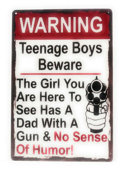 Warning, Teenage Boys Beware Tin Sign, No Trespassing, Funny No Soliciting Sign