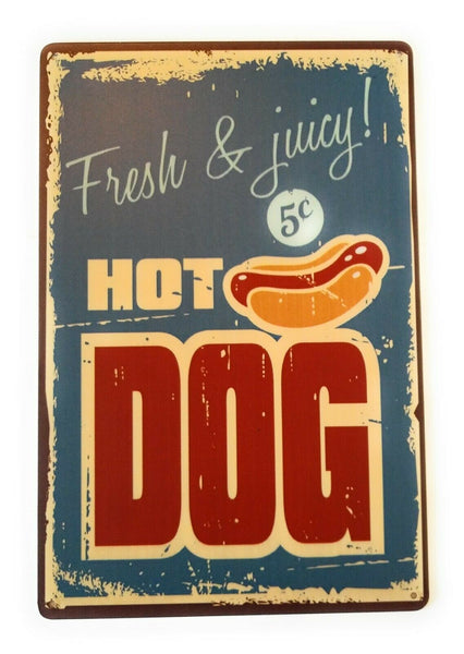 Vintage Metal Fresh Juicy Hot-dogs Bar and Restaurant Tin Sign. Man Cave Sign